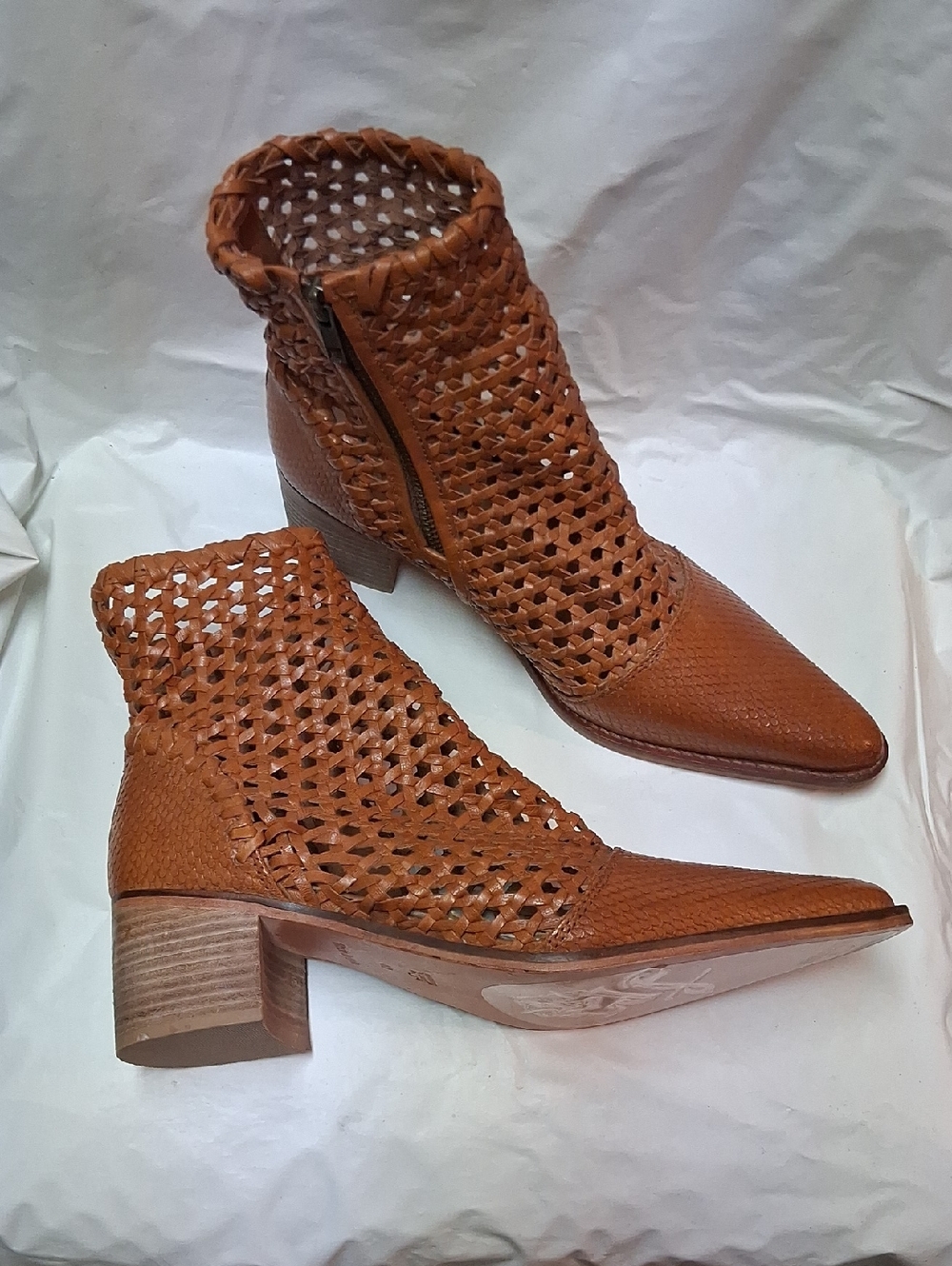 Free People Women's In The Loop Woven Pointed Ankle Booties - Cognac Brown Sz 9